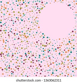 Festive background with multicolored confetti. Yellow, pink, blue circles but against a white background. Flying confetti.