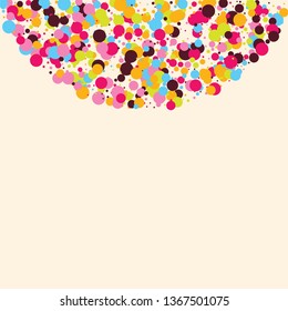 Festive background with multicolored confetti. Yellow, pink, blue circles but against a white background. Flying confetti.