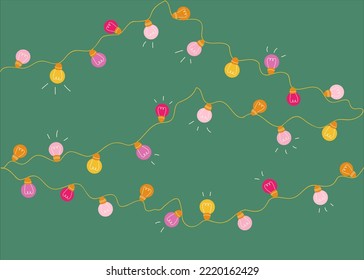 Festive background with multi-colored garlands of light bulbs on a dark background. Holiday concept with colored lanterns. Festive background for christmas, party, birthday. Vector background.