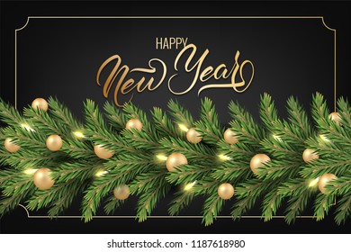 Festive background for New Year greeting card with a realistic garland of pine tree branches, decorated with Christmas balls