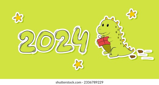 Festive Background New Year Symbol Sticker Cute Green Baby Dragon Carries a Gift