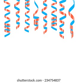 Festive background with orange and blue shiny streamers and confetti, vector illustration. 
