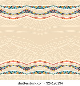 Festive background with ornate ribbons. Bright border with mexican ethnic pattern and ornate background. Card or poster template. Copy space. Vector is EPS8.