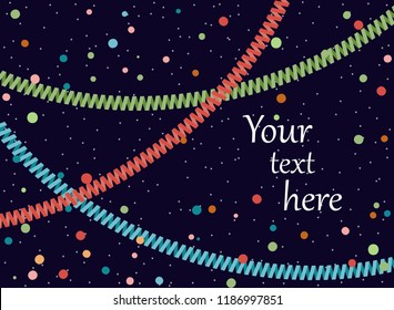 Festive background with paper serpentine and confetti. Vector flat illustration. Backdrop for New year or Christmas greeting card. Copy space.