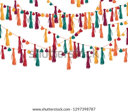 Festive background with paper tassels garlands. Design template for invitation, greeting card, banner, print. Colorful decorations. Vector illustration