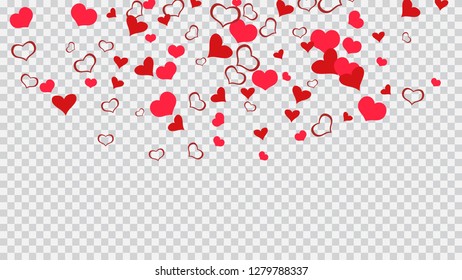 Festive background. Part of the design of wallpaper, textiles, packaging, printing, holiday invitation for Valentine's Day. Red hearts of confetti crumbled. Red on Transparent background Vector.