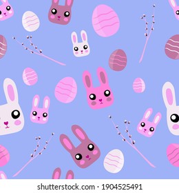 Festive background pattern. Easter theme. Rabbits and colored eggs in pink and lilac colors. Cartoon pattern for postcards, fabric prints, posters and wallpapers