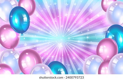 Fondo festivo de cielo azul rosa con rayos de luz y estrellas y globos brillantes. Ilustración vectorial para cumpleaños, diseño de vacaciones.