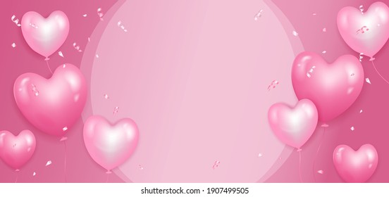 Festive background with pink heart-shaped balloons. Template for banner or flyer design with free space for text. Vector illustration