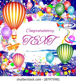 Festive background with place for text, balloons and fireworks, vector illustration