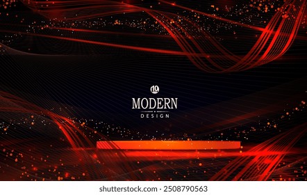 Festive background with a podium and wavy ribbons of red color.