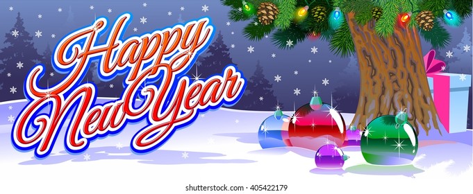 Festive background with presents and toy under Christmas tree branches.