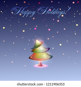 Festive background with rainbow Christmas tree. Color snowfall. Spruce glows. Happy Holidays!
