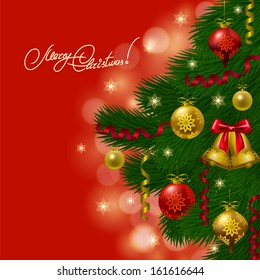 Festive background with realistic balls, Christmas trees for cards, invitations. Vector illustration. EPS10.