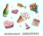 Festive background with realistic elements. Set of 3D items for party, romantic dinner, event