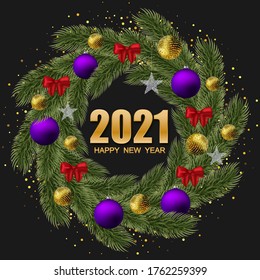 
Festive background realistic fir branches in the form of a wreath with colored balls, red bows and silver stars. New year poster 2021