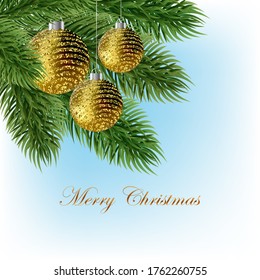 
Festive background realistic fir branches with golden balls.  2021