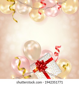 Festive background with realistic gold, red, pink air balloons, shining garlands, gift box, tinsel. Holiday design for party, birthday, anniversary, wedding. Vector illustration