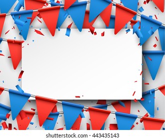 Festive background with red and blue flags. Vector paper illustration.