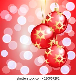 Festive background with red Christmas balls and bokeh lights, vector illustration 