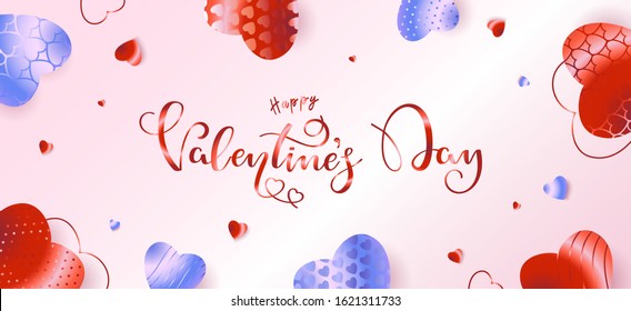 Festive background with red handwritten calligraphy text happy Valentine's day and colorful hearts. Vector illustration in a romantic style