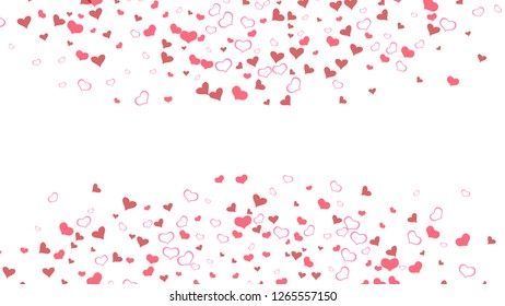 Festive background. Red hearts of confetti are falling. Red on White fond Vector. Design element for wallpaper, textiles, packaging, printing, holiday invitation for wedding.