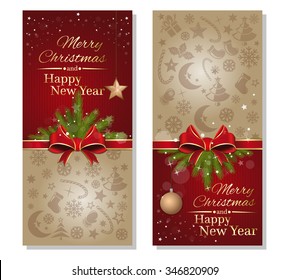 Festive background with red ribbon and bow. Design elements for Christmas and New Year. Vector flyer template.