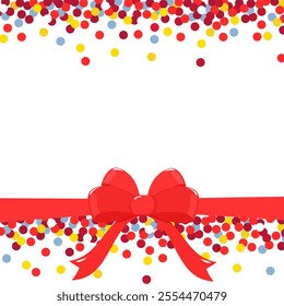 Festive background with red satin bow and colorful confetti. 