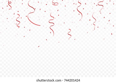 Festive background with red, scarlet ribbons and confetti. Falling confetti and ribbons isolated on transparent background. Vector