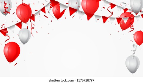 Festive background with red and white balloons and confetti
