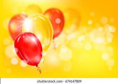 Festive background with red and yellow balloons. Blurred and bokeh effect. Vector illustration. 
