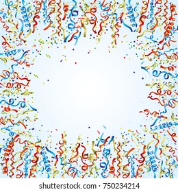 Festive background with ribbons and confetti.