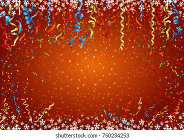 Festive background with ribbons and confetti.