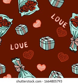 Festlicher Hintergrund, romantische Umhüllung für Frauentag, Muttertag, romantisches Geschenk, Hochzeitstag. Vektorillustration-Illustration im Doodle-Stil. Nahtlose Textur von Bouquets und Geschenkbox.