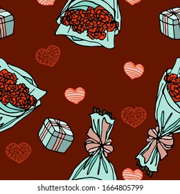 Festive background, romantic wrapping for Women's Day, mother's day, romantic gift, wedding anniversary. Vector illustration in doodle style. Seamless texture of bouquets and gift boxes.