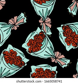Festive background, romantic wrapping for Women's Day, mother's day, romantic gift, wedding anniversary. Vector illustration in doodle style. Seamless texture of bouquets and gift boxes.