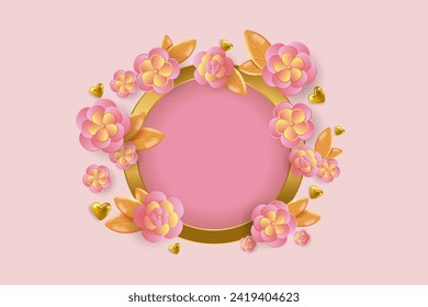 Festive background with round golden frame, 3d flowers and leaves. Paper cut style