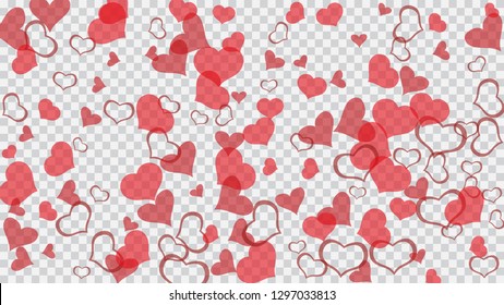 Festive background. A sample of wallpaper design, textiles, packaging, printing, holiday invitation for Valentine's Day. Red hearts of confetti crumbled. Red on Transparent fond Vector.