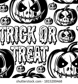 Festive background with a scary pumpkin and an inscription. Monochrome seamless backdrop.