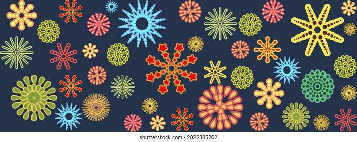 Fondo festivo. Imagen sin inconveniente. Luminosos destellos de fuegos artificiales en un estilo simbólico. Horizontal. Petard y calamar. Diseño plano. Estilo de caricatura. Vector