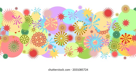 Festive background. Seamless picture. Colorfull party. Bright flashes of fireworks in a symbolic style. Petard and squib. Flat design. Isolated Vector.