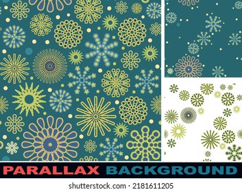 Festive background. Set parallax effect. Square Seamless pattern. Dark. Bright flashes of fireworks in a symbolic style. Petard and squib. Flat design. Cartoon style. Vector