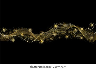 Festive background, shining gold wave, snowflakes, vector