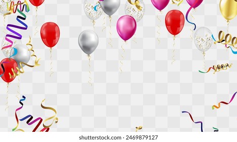 Festive background showcasing floating balloons with various patterns and vibrant confetti, ideal for celebrations