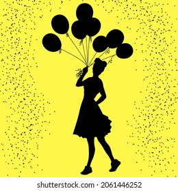 festive background, silhouette of a girl with a bunch of balloons in her hand