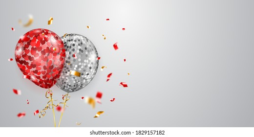 Festive background with silver and red air balloons and shiny pieces of serpentine. Vector illustration for posters, flyers or cards.