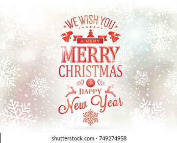 Festive background with snowfall and light effects and the wording Merry Christmas and Happy New Year.