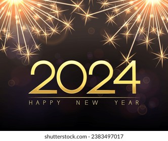 Festive background with sparklers and inscription Happy New Year 2024.