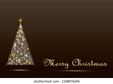 Festive background with sparkling Christmas tree and golden inscription on a dark background. Vector.