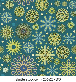 Festive background. Square Seamless pattern. Dark. Bright flashes of fireworks in a symbolic style. Petard and squib. Flat design. Cartoon style. Vector.